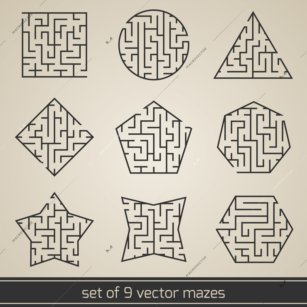 Maze labyrinth kids puzzle game set isolated vector illustration