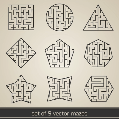 Maze labyrinth kids puzzle game set isolated vector illustration