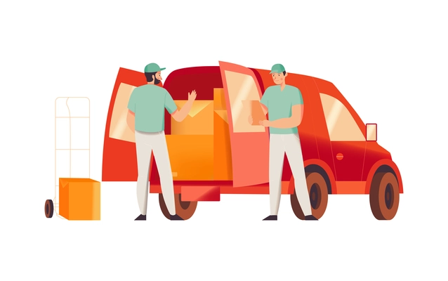 Delivery service car and two couriers loading goods flat vector illustration