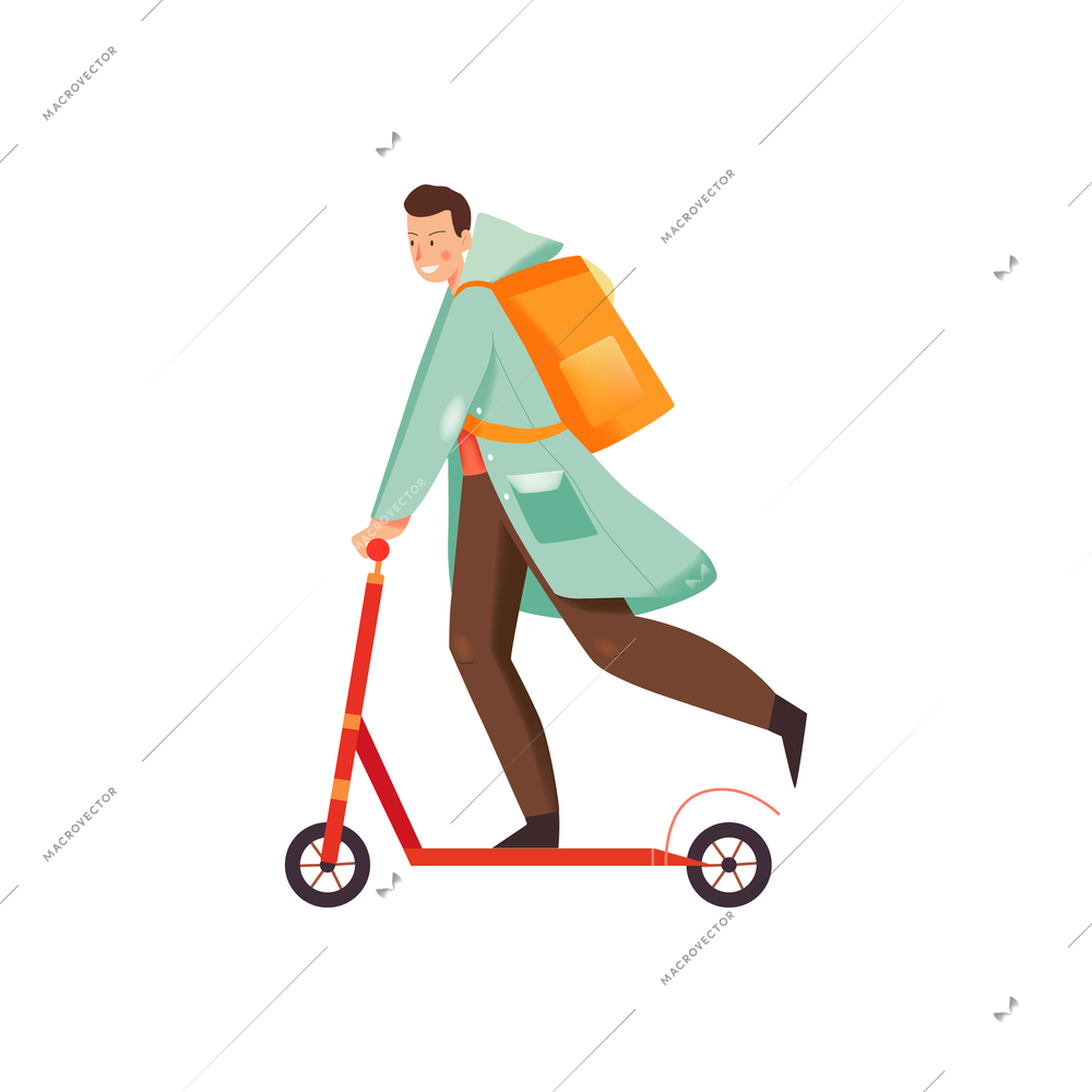 Delivery service courier with backpack on scooter flat vector illustration