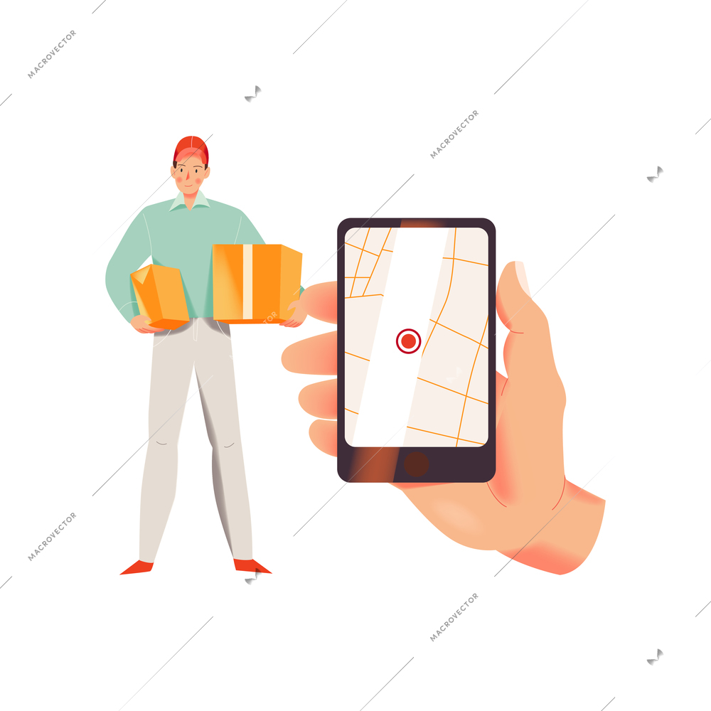 Flat icon of delivery man with boxes and hand holding smartphone navigator vector illustration