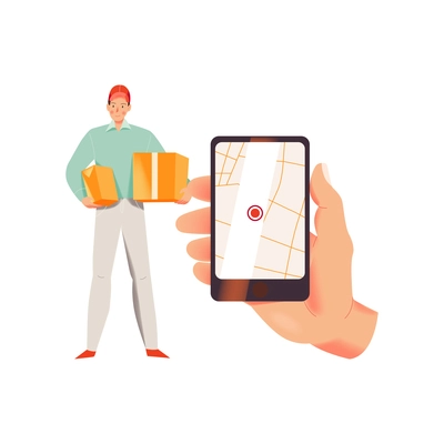 Flat icon of delivery man with boxes and hand holding smartphone navigator vector illustration