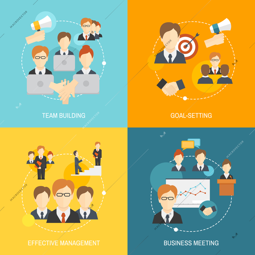 Teamwork business collaboration effective management flat composition icons set isolated vector illustration.