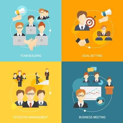 Teamwork business collaboration effective management flat composition icons set isolated vector illustration.