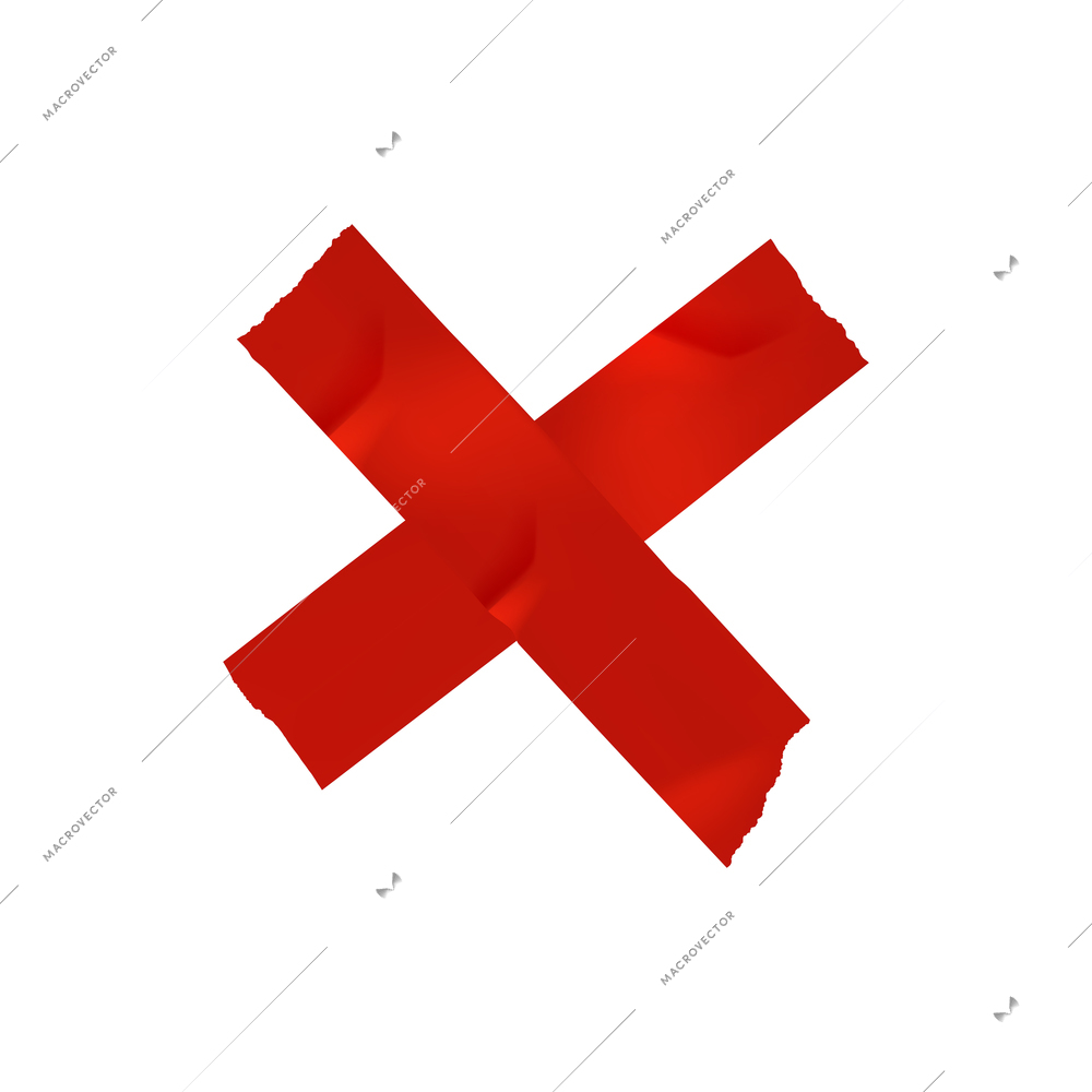 Pieces of red sticky tape in shape of cross on white background realistic vector illustration