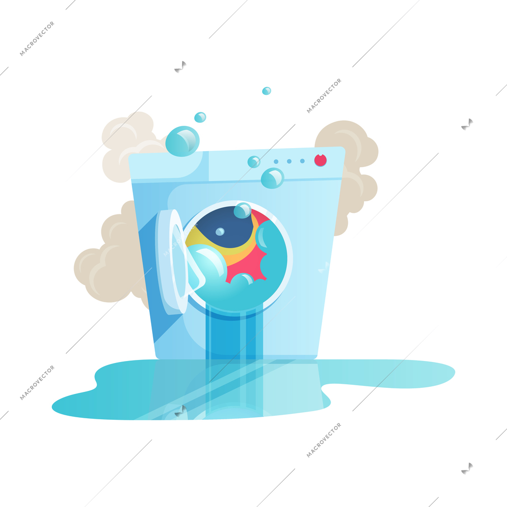 Damaged leaking washing machine icon on white background flat vector illustration