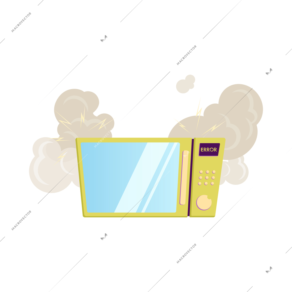 Broken household appliance icon with damaged microwave oven flat vector illustration