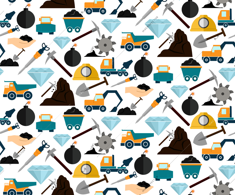 Mining and mineral excavation equipment and machinery seamless pattern vector illustration