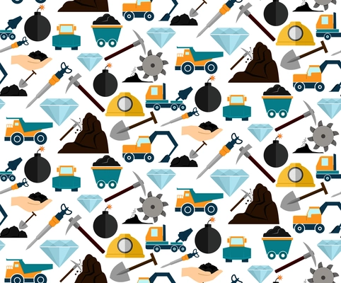 Mining and mineral excavation equipment and machinery seamless pattern vector illustration