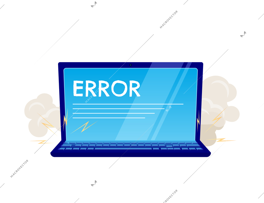 Broken laptop with error on screen flat vector illustration