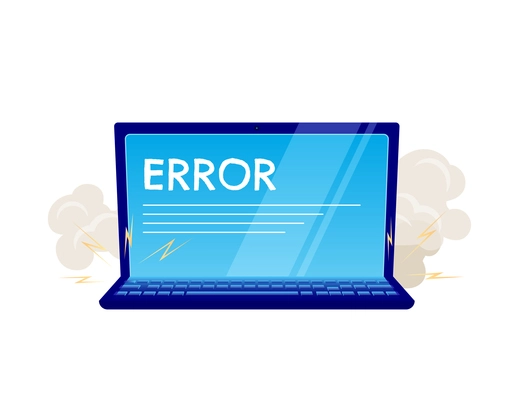 Broken laptop with error on screen flat vector illustration