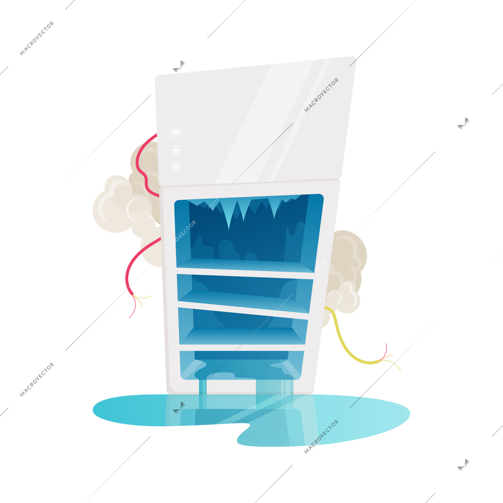 Broken leaking fridge with naked wires flat vector illustration