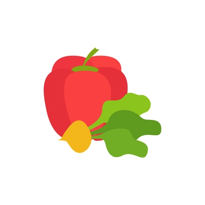 Flat vegetables icon with red bell pepper and radish with green leaves vector illustration