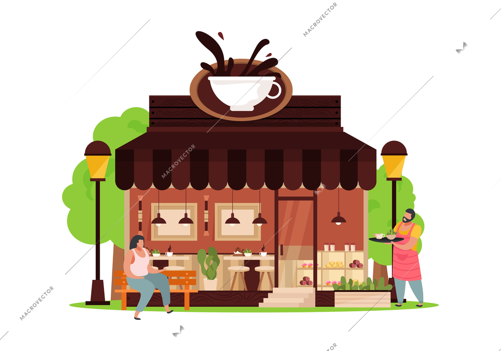 Cafeteria with customer and waiter flat vector illustration