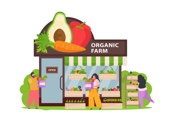 Small business with organic farm shop customers flat vector illustration