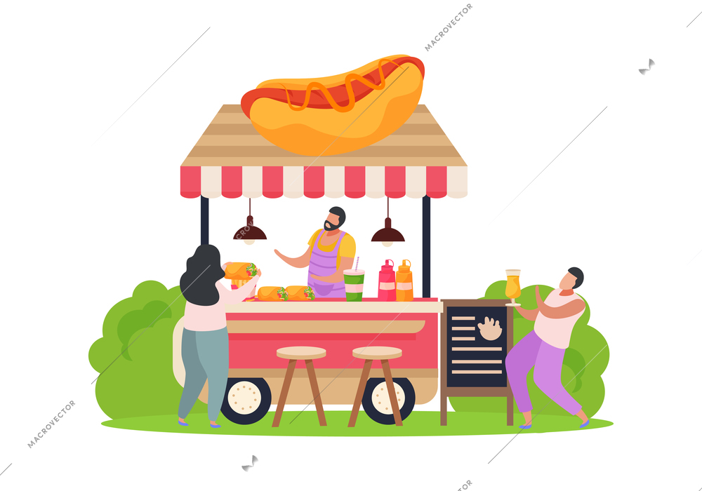 People buying snack at hot dog stall flat vector illustration