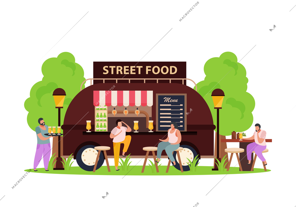 Street food van with customers flat vector illustration