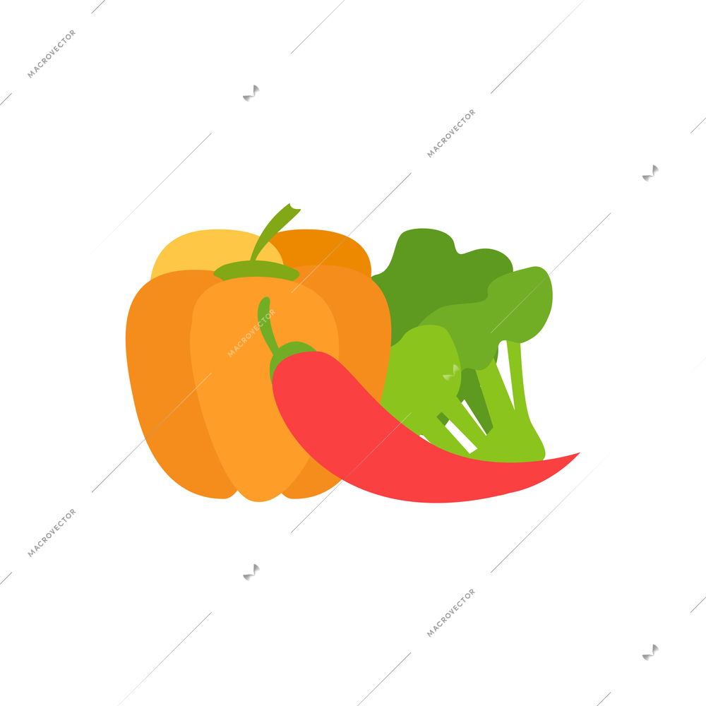 Flat ripe vegetables pepper chili broccoli on white background vector illustration