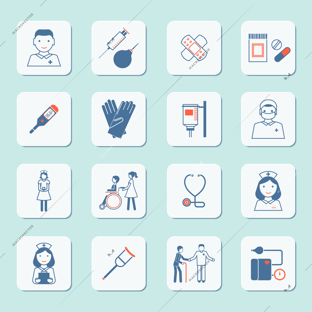 Nurse health care medical hospital service icons set isolated vector illustration
