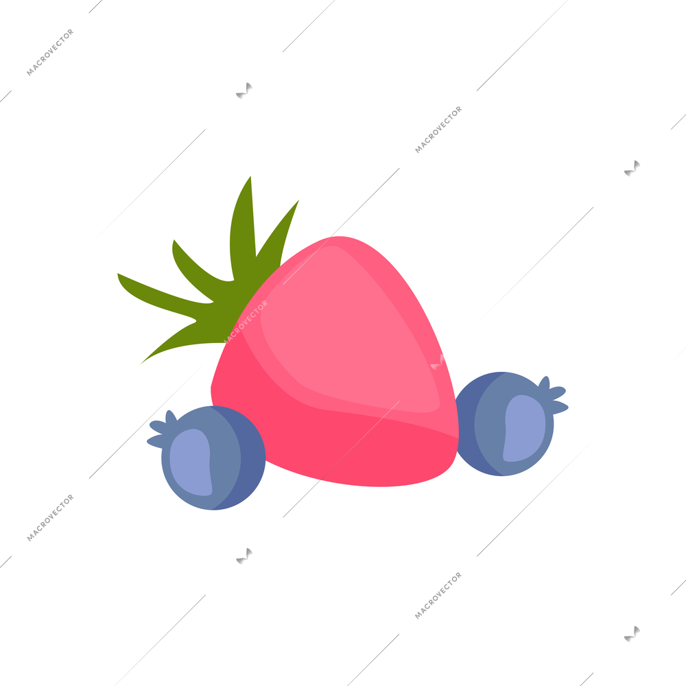 Berries colored flat icon with ripe strawberry and blueberries vector illustration