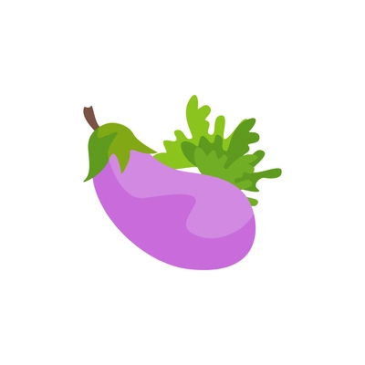 Eggplant and leaves of green lettuce on white background flat vector illustration