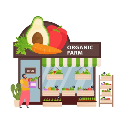 Organic farm shop building and man with shopping bag flat vector illustration