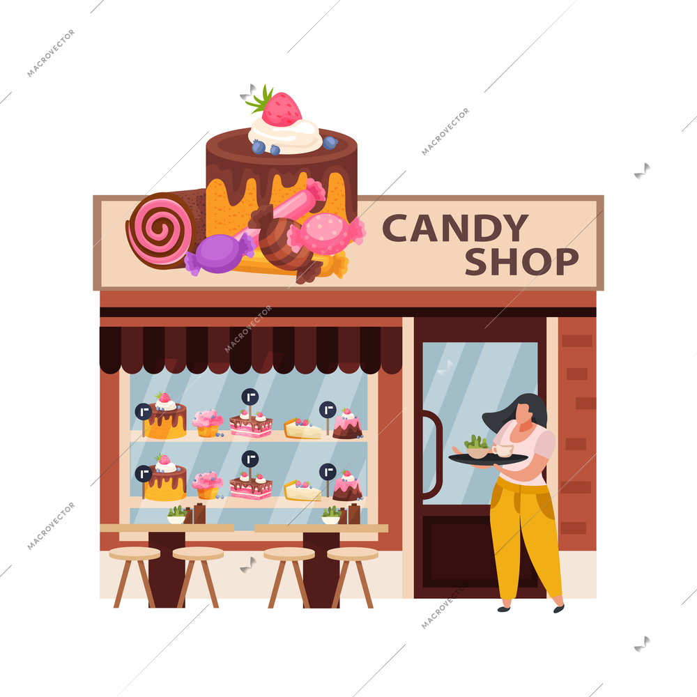 Female character carrying tray to candy shop flat vector illustration