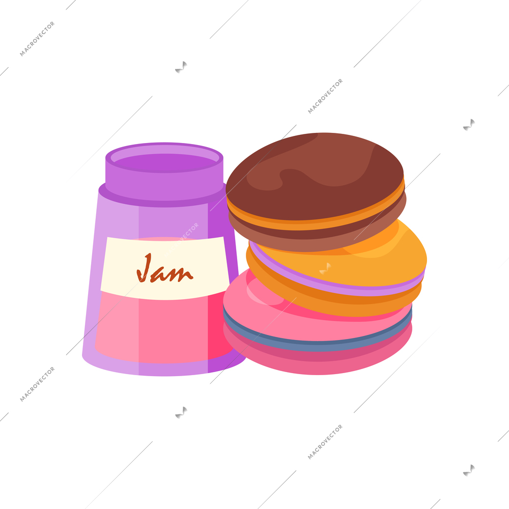 Colorful macaron cakes and jar of jam flat icon vector illustration