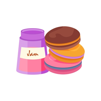 Colorful macaron cakes and jar of jam flat icon vector illustration