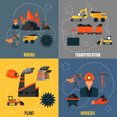 Coal industry mining transportation plant workers flat icons set isolated vector illustration