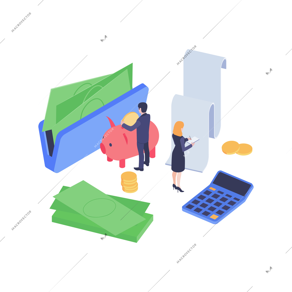 Isometric finance concept with wallet calculator human characters money 3d vector illustration