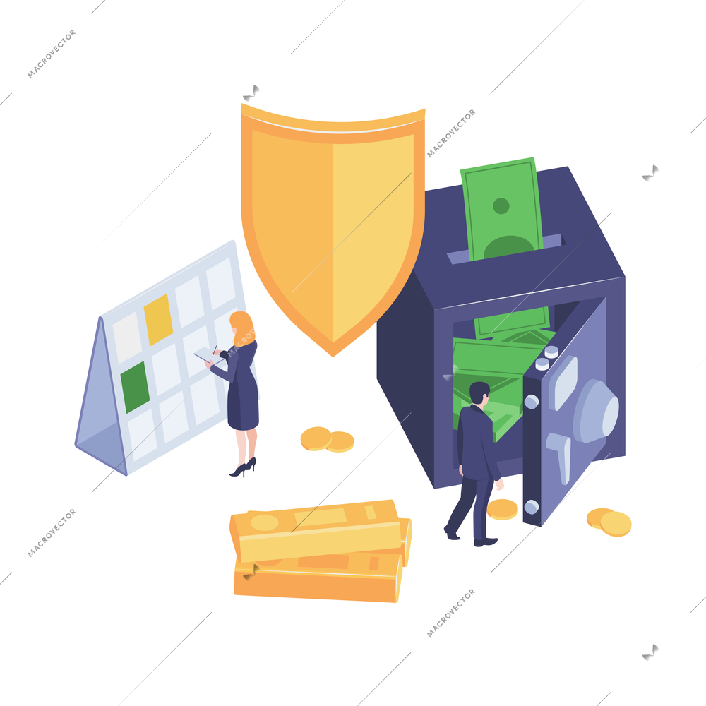 Isometric finance concept with vault money shield human characters 3d vector illustration