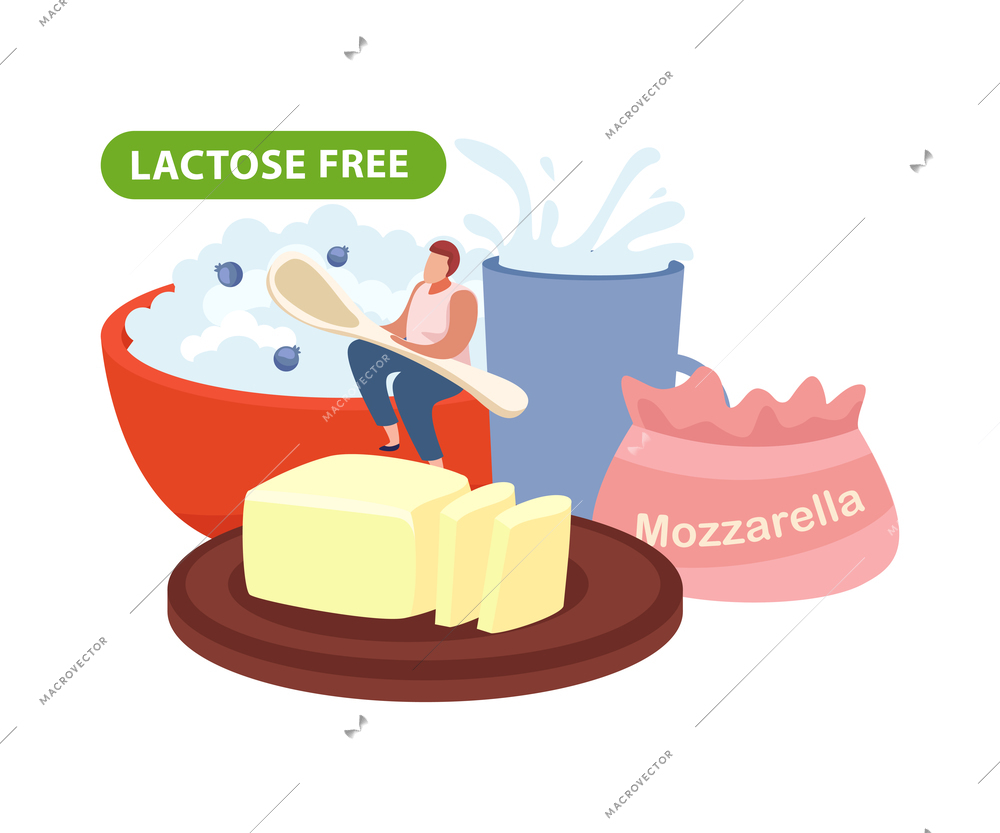 Lactose free dairy products and man with spoon colorful flat vector illustration