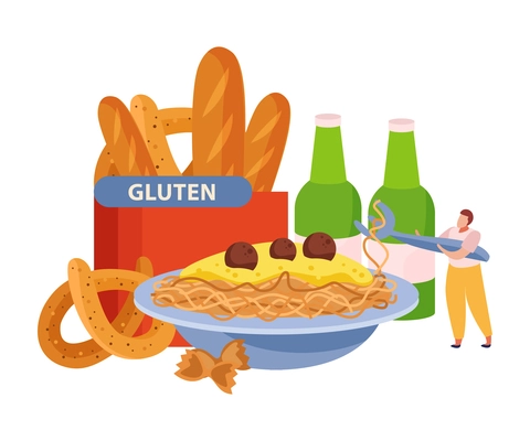 Gluten intolerance concept with prohibited products and human character flat vector illustration