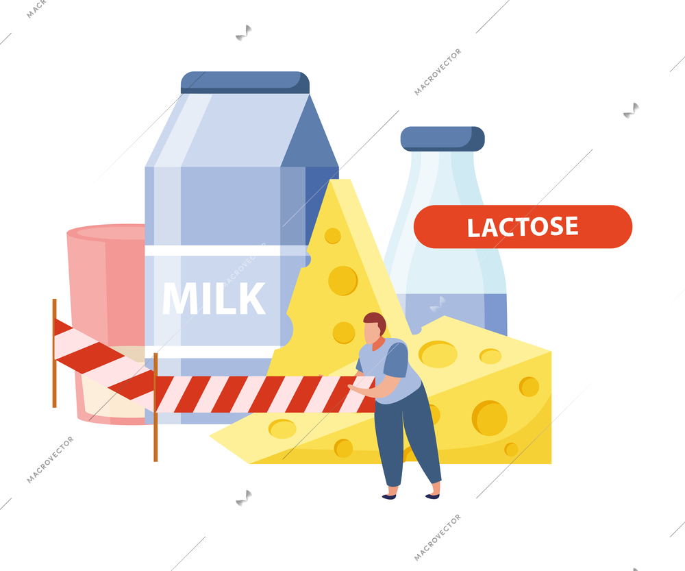 Lactose intolerance flat concept with prohibited dairy products vector illustration