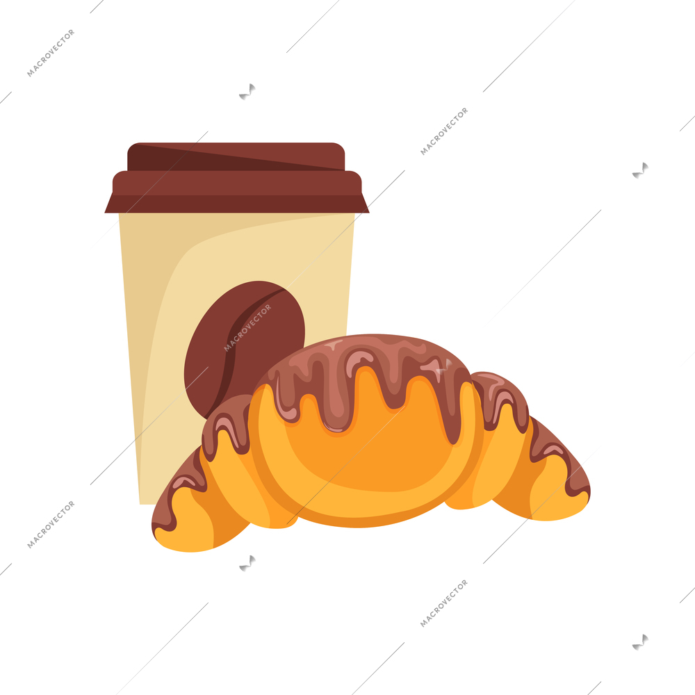 Croissant with topping and paper cup of coffee flat vector illustration