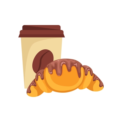 Croissant with topping and paper cup of coffee flat vector illustration