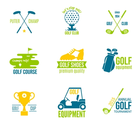 Golf club championship and equipment label colored set isolated vector illustration