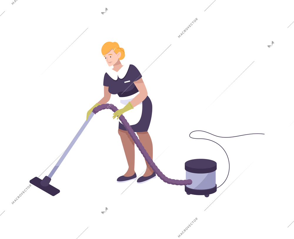 Woman cleaner in uniform hoovering room flat vector illustration