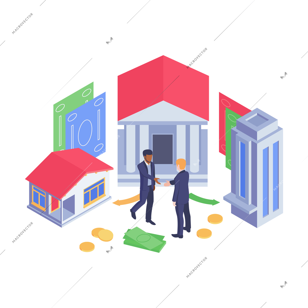 Banking isometric concept with bank buildings human characters and money 3d vector illustration