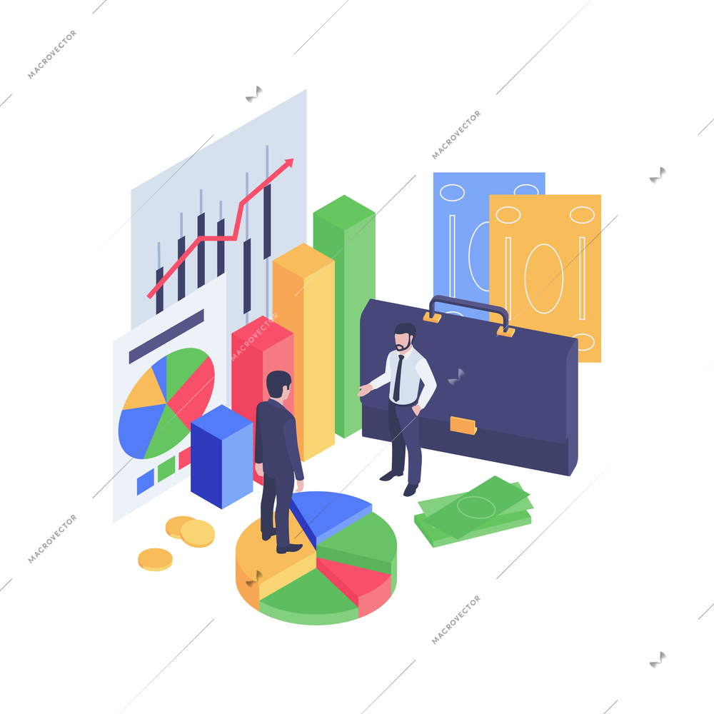 Finance isometric concept with diagram showing growth and human characters 3d vector illustration