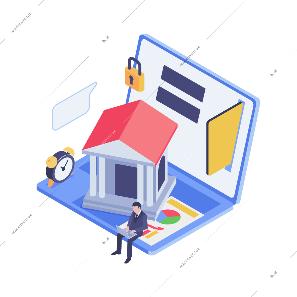 Finance and banking isometric concept with 3d laptop human character on white background vector illustration