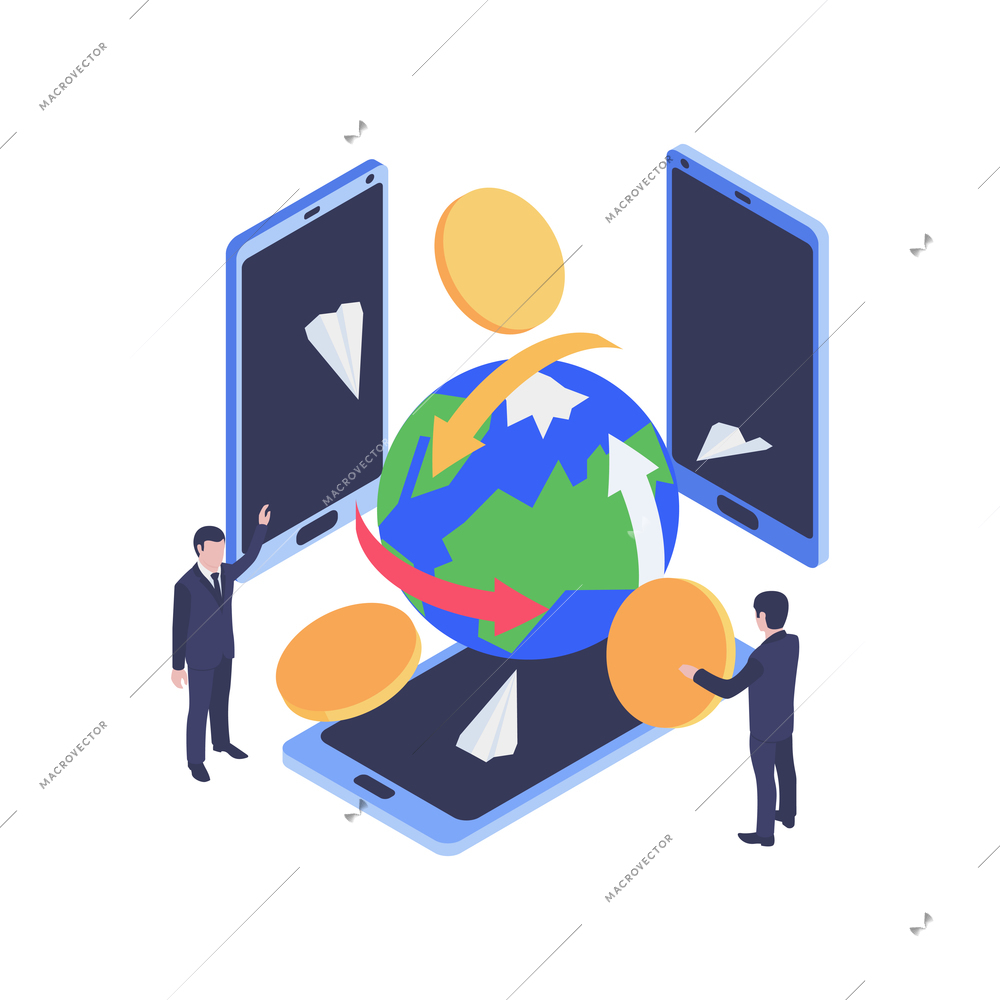 Finance concept with smartphones coins earth human characters 3d isometric vector illustration