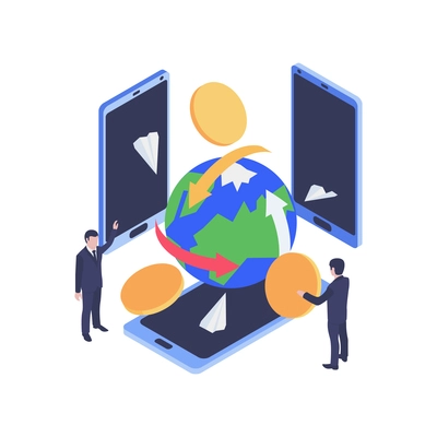 Finance concept with smartphones coins earth human characters 3d isometric vector illustration