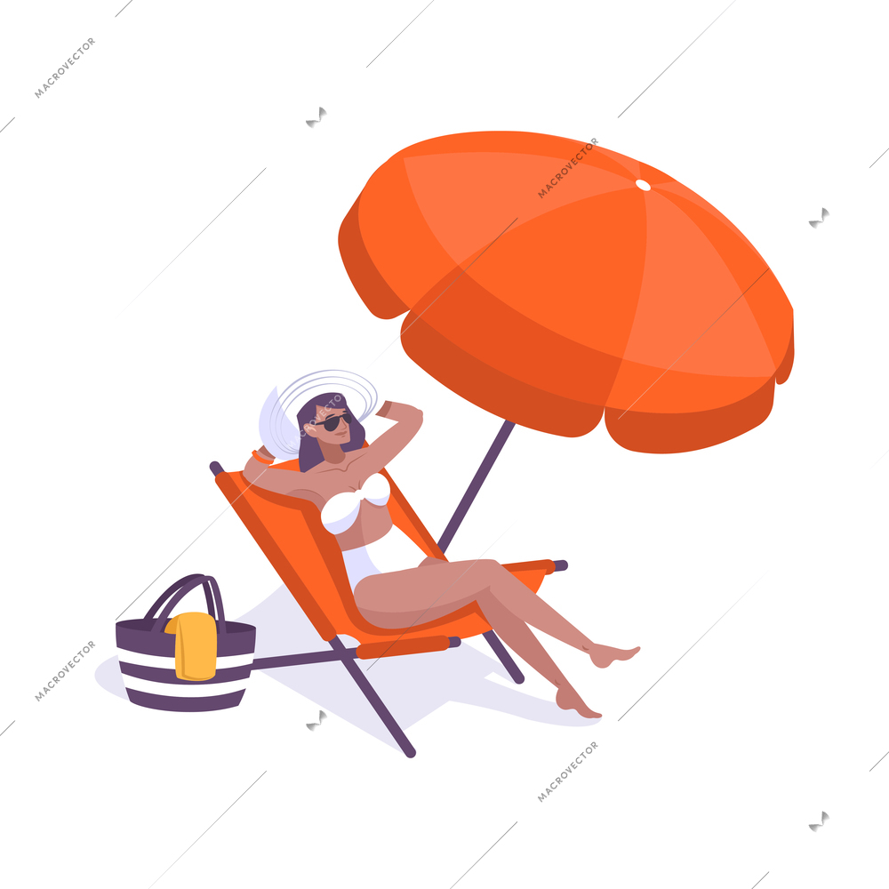 Woman lying under umbrella on beach flat vector illustration