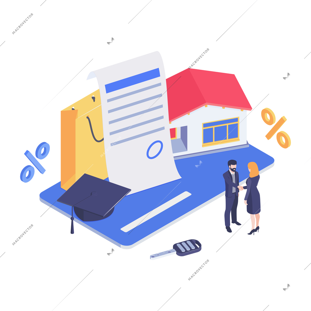 Finance and credit isometric concept with 3d human characters house car key 3d vector illustration