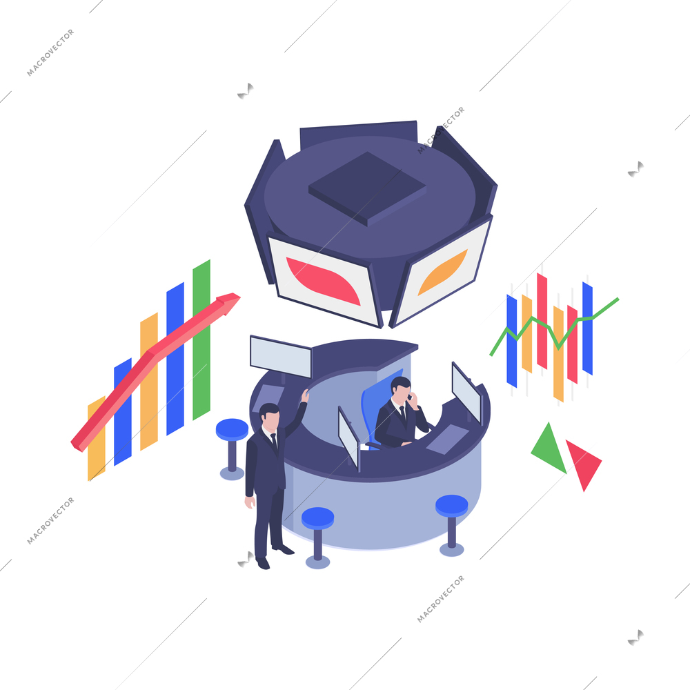 Isometric 3d finance concept with human characters and colored diagrams vector illustration