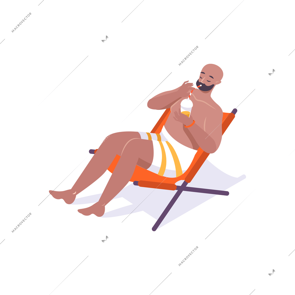 Man drinking cocktail on beach flat vector illustration