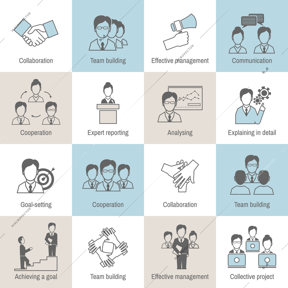 Teamwork business collaboration effective management flat line icons set isolated vector illustration