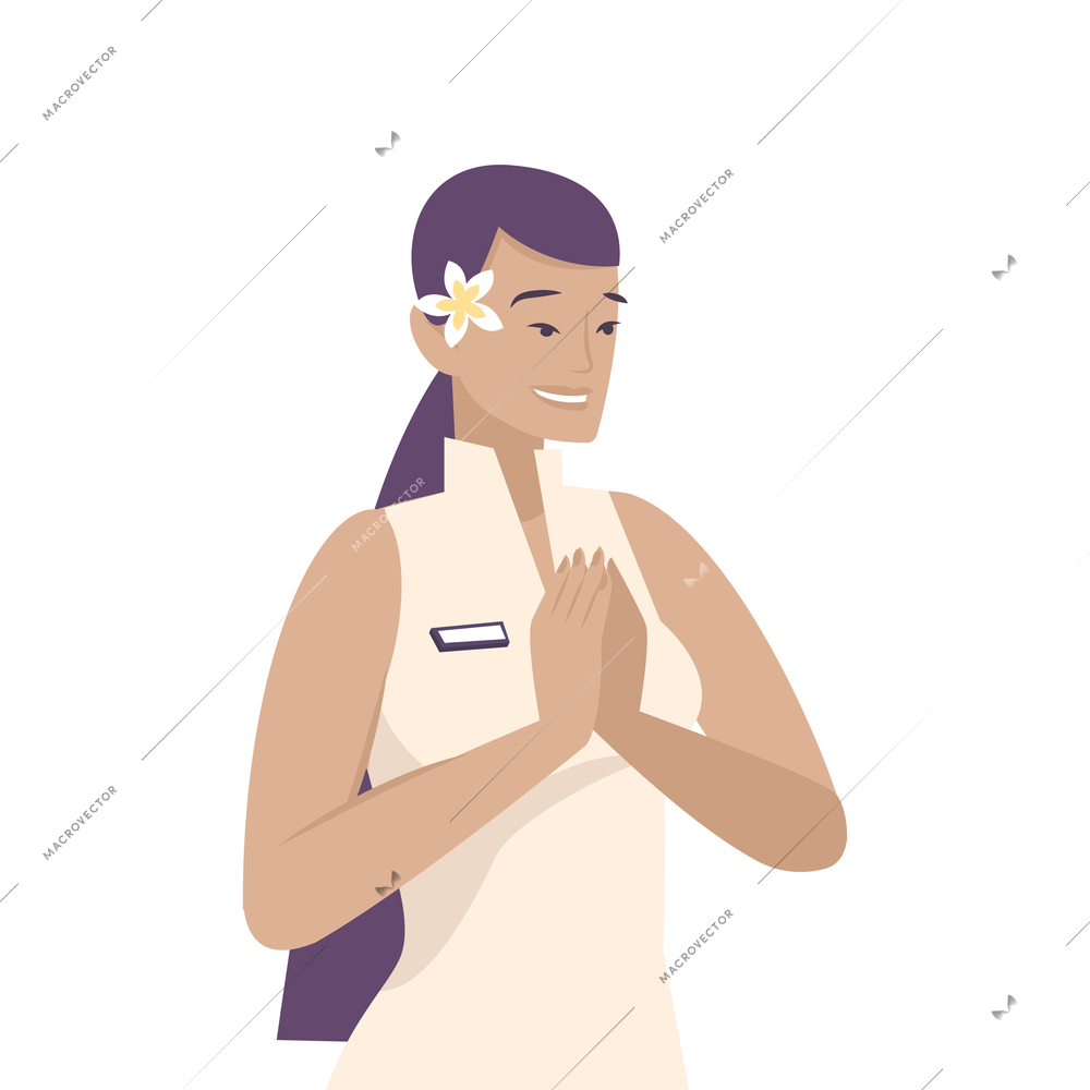 Smiling spa salon female worker with flower in hair flat vector illustration